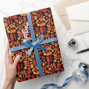 Autumn leaves pattern 02 Black BG Wrapping Paper