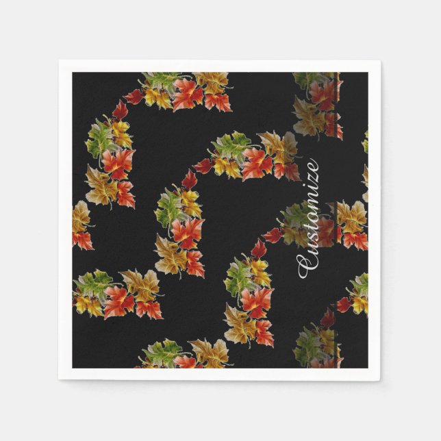 Autumn Leaves Pattern Black Napkins (Front)