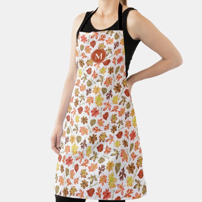 autumn leaves pattern I love fall custom monogram Apron (Insitu)