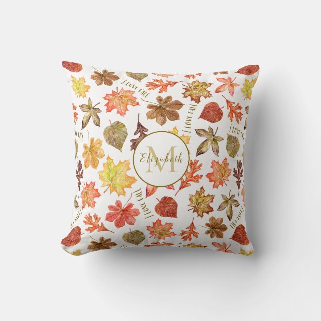autumn leaves pattern I love fall custom monogram Throw Pillow (Front)