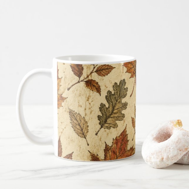 Autumn Leaves Pattern – Vintage Fall Botanical  Coffee Mug (With Donut)