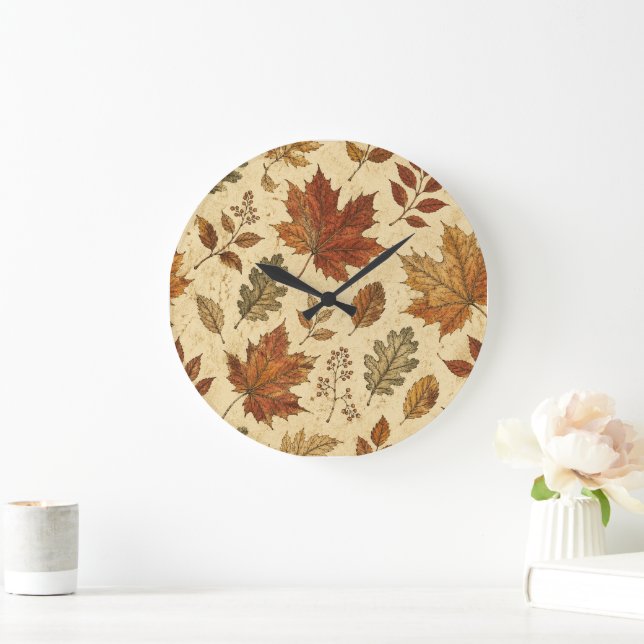 Autumn Leaves Pattern – Vintage Fall Botanical  Large Clock (Home)
