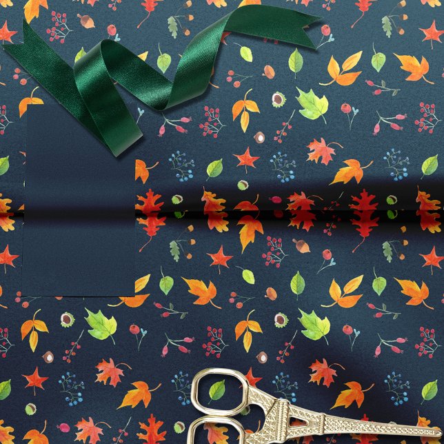 Autumn Leaves Pattern Watercolor Dark Teal Tissue Paper (Creator Uploaded)