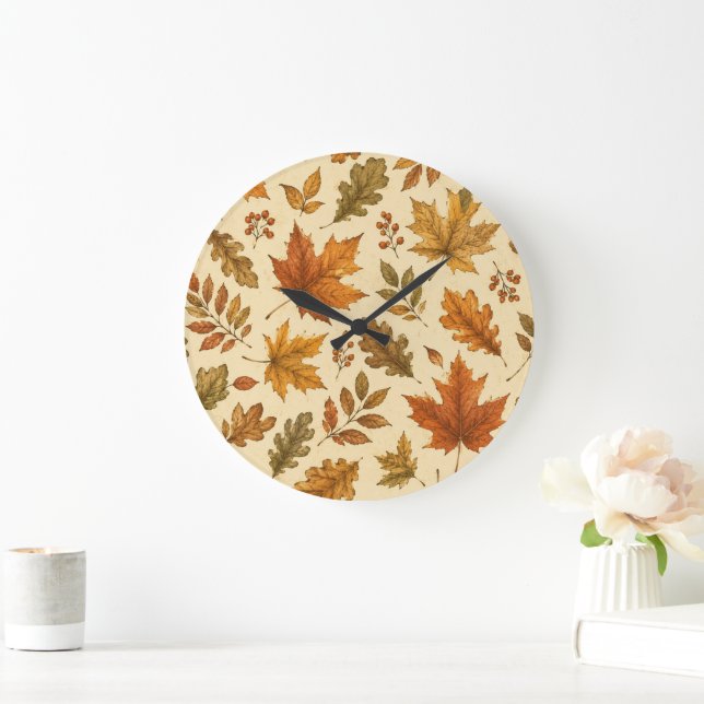 Autumn Leaves Pattern | Watercolor Fall Foliage  Large Clock (Home)