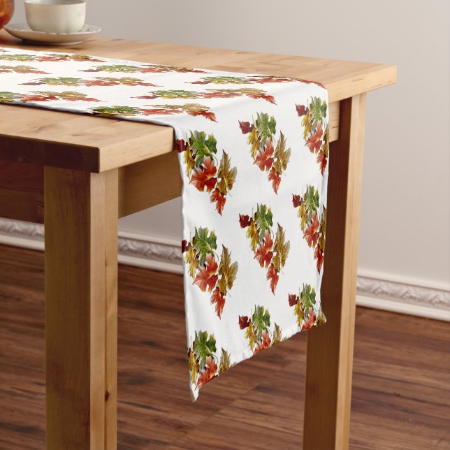 Autumn Leaves Pattern White Table Runner (In Situ)