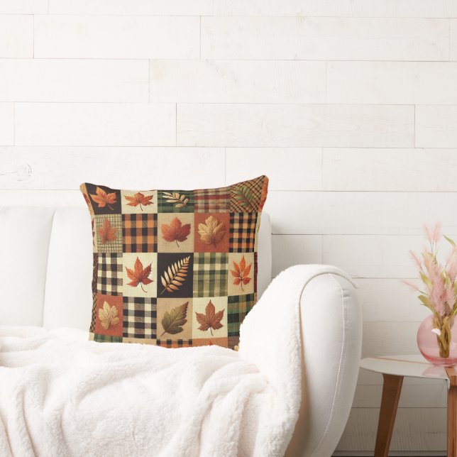 Autumn Leaves & Plaid 20x20 Cushion: Cozy Fall Vib Throw Pillow (Couch)