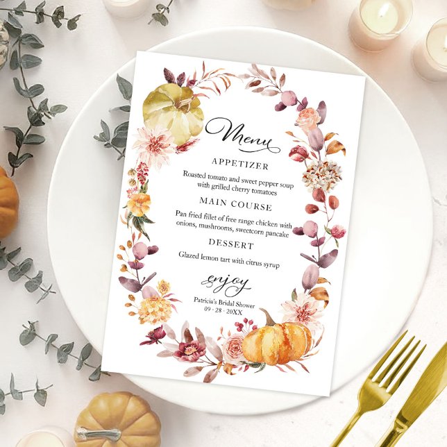 Autumn Leaves Pumpkin Fall Bridal Shower Menu Card (Creator Uploaded)