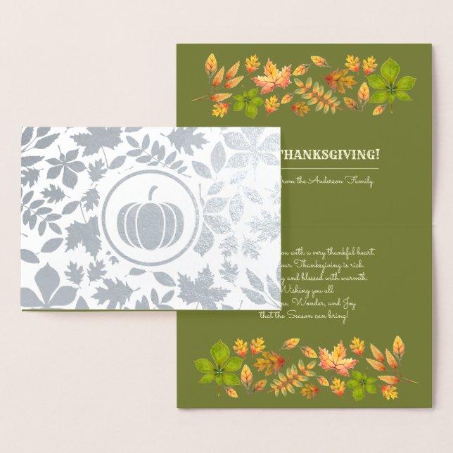 Autumn Leaves & Pumpkin Luxury Thanksgiving Real Foil Card (Display)