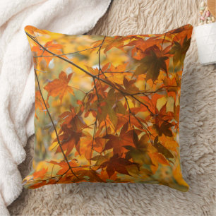 Autumn Leaves Pumpkin Orange Coloured Large Throw Pillow