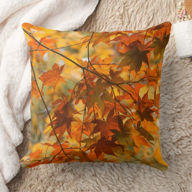 Autumn Leaves Pumpkin Orange Coloured Large Throw Pillow (Blanket)