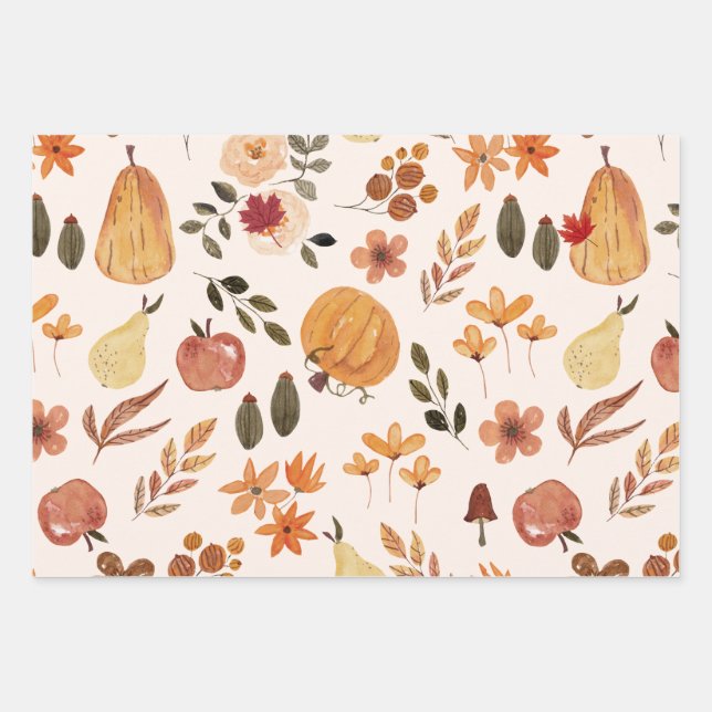 Autumn Leaves Pumpkin Squash Mushroom Feast  Wrapping Paper Sheet (Front)