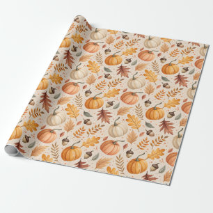 Autumn Leaves Pumpkins Acorns Fall Colours Wrapping Paper