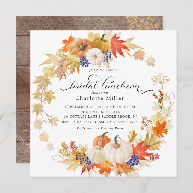Autumn Leaves Pumpkins Bridal Shower Luncheon Invitation (Front/Back)