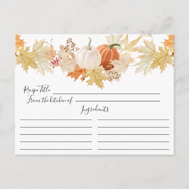 Autumn Leaves Pumpkins Floral Recipe Card (Front)