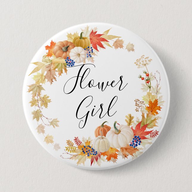 Autumn Leaves Pumpkins Flower Girl 3 Inch Round Button (Front)