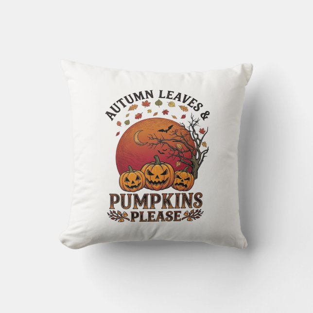 Autumn Leaves Pumpkins Please Halloween Bats Trees Throw Pillow (Front)