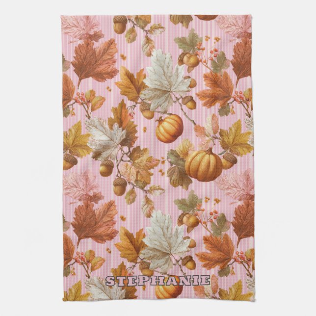 Autumn Leaves & Pumpkins Seamless Pattern Kitchen Towel (Vertical)