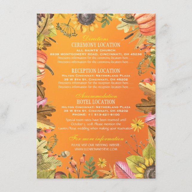 Autumn Leaves Pumpkins Wedding Details Information Enclosure Card (Front)