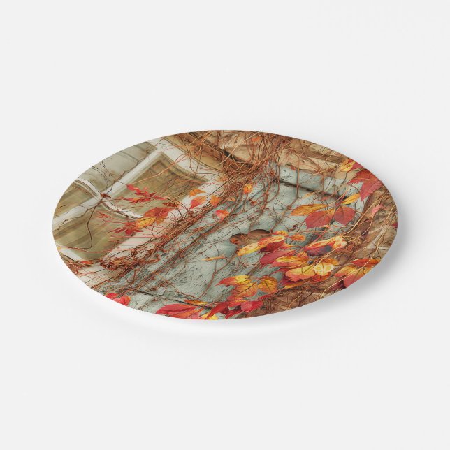 Autumn Leaves Red Yellow Antique Country Window Paper Plate (Angled)