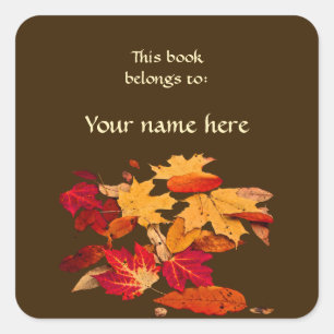 Autumn Leaves Red Yellow Orange Brown Bookplate Square Sticker