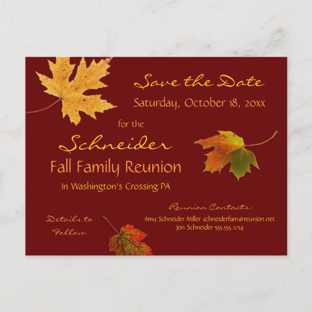 Autumn Leaves Reunion, Party, Event Save the Date Announcement Postcard (Front)