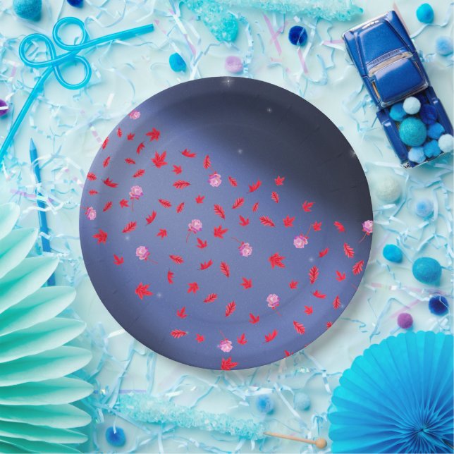 Autumn Leaves & Roses Blue Paper Plate (Party)