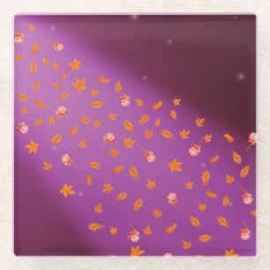 Autumn Leaves Roses Night Sky Glass Coaster