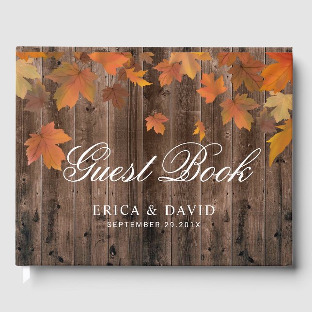 Autumn Leaves Rustic Barn Wood Fall Wedding Guest Book (Front)
