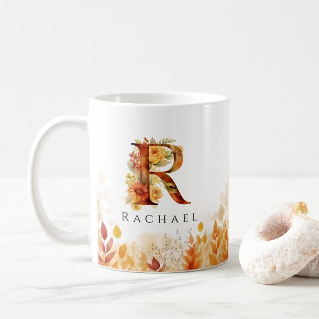 Autumn Leaves Rustic Fall Monogram Letter R Coffee Mug (With Donut)