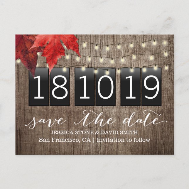 Autumn Leaves Rustic Fall Wedding Save the Date Announcement Postcard (Front)