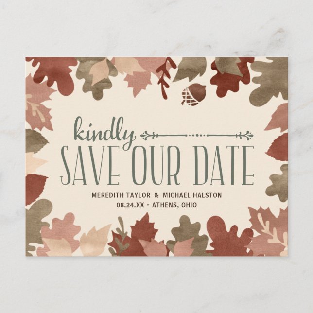 Autumn Leaves Rustic Non-Photo Save the Date Announcement Postcard (Front)