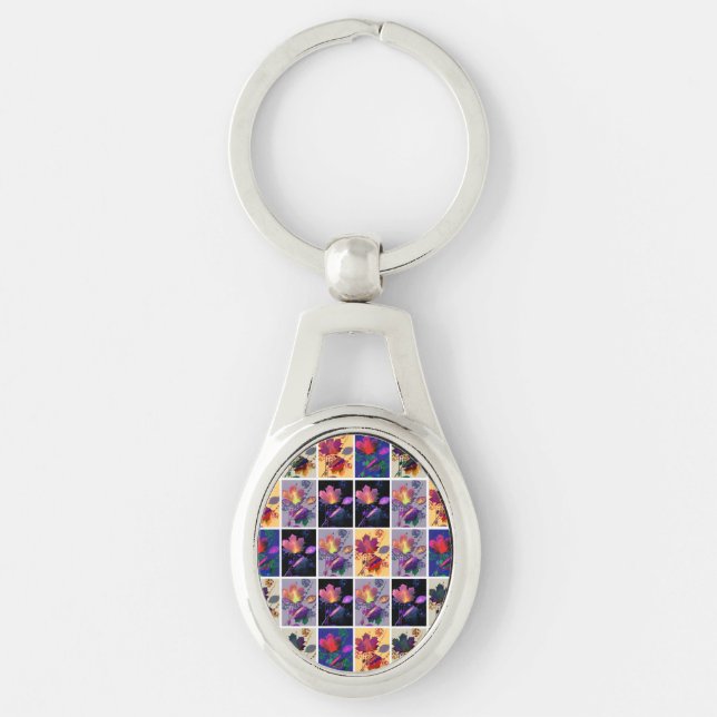Autumn Leaves Rustic Patchwork Quilt Collage Keychain (Front)