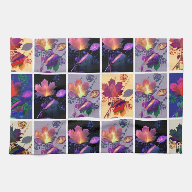 Autumn Leaves Rustic Patchwork Quilt Collage Kitchen Towel (Horizontal)