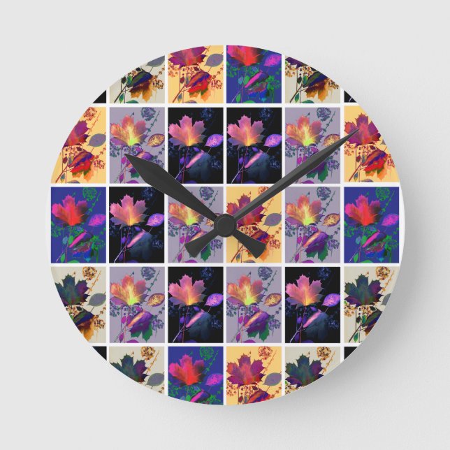 Autumn Leaves Rustic Patchwork Quilt Collage Round Clock (Front)