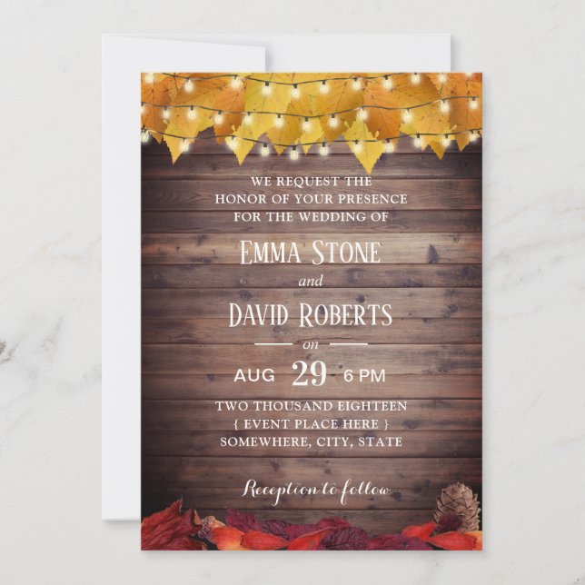 Autumn Leaves Rustic String Lights Fall Wedding Invitation (Front)