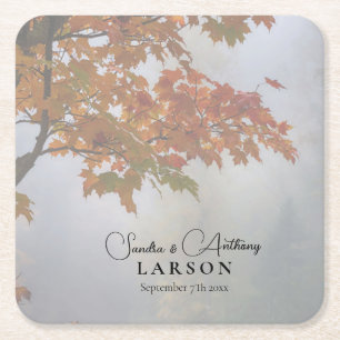 Autumn Leaves Rustic Wedding Square Paper Coaster