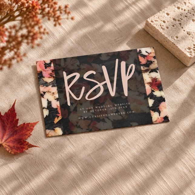 Autumn Leaves Rustic Wedding Website RSVP (Website rsvp insert with autumn foliage and printed dark wood. Props not included.)