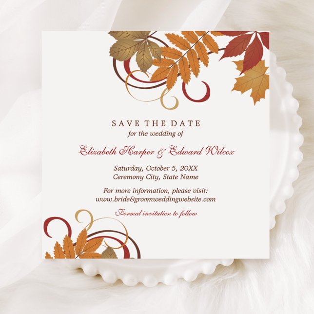 Autumn Leaves Scrollwork Fall Wedding Save The Date (Creator Uploaded)