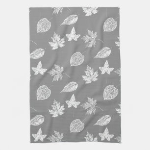 Autumn leaves - silver grey and white kitchen towel
