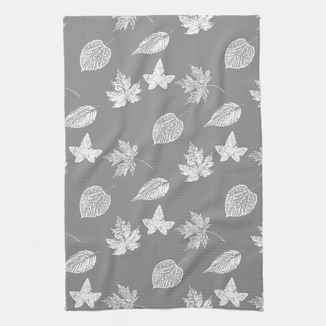 Autumn leaves - silver grey and white kitchen towel (Vertical)