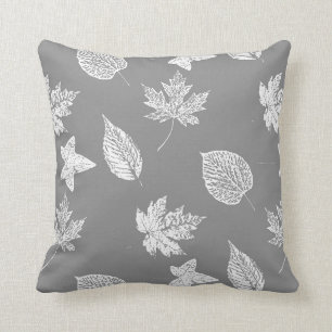 Autumn leaves - silver grey and white throw pillow