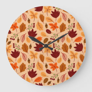 Autumn leaves, simple childish seamless pattern. large clock
