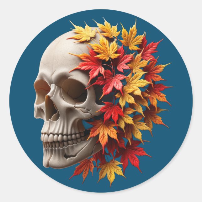 Autumn Leaves Skull  Classic Round Sticker (Front)