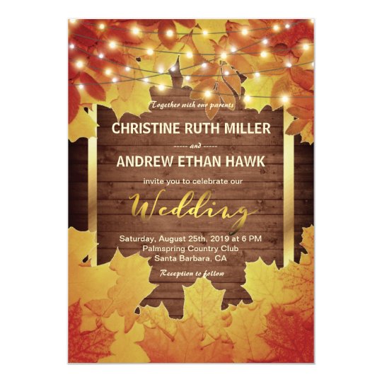 Autumn Leaves String Lights Rustic Fall Wedding Card