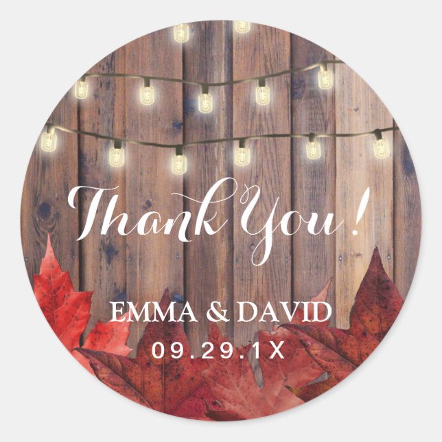 Autumn Leaves & String Lights Rustic Fall Wedding Classic Round Sticker (Front)