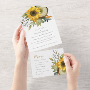 AUTUMN LEAVES SUNFLOWER WOODEN LOG FLORAL WEDDING  ALL IN ONE INVITATION