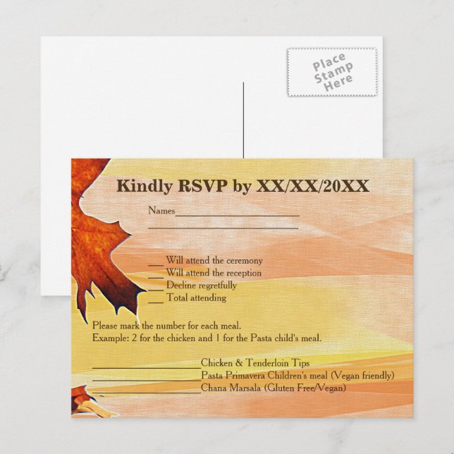 Autumn Leaves Swirl Colour RSVP and Menu Postcard (Front/Back)