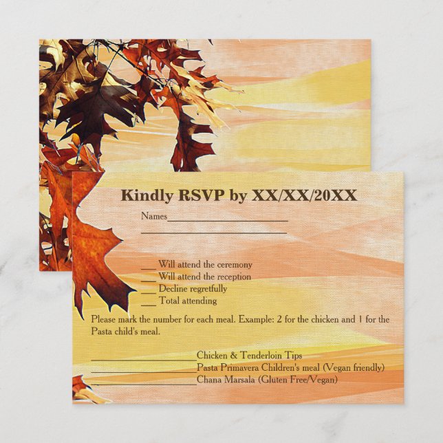 Autumn Leaves Swirl Colour Wedding RSVP Menu Card (Front/Back)