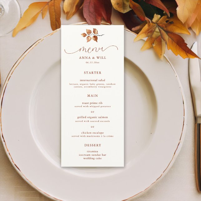 Autumn Leaves Terracotta Elegant Chic Fall Wedding Menu (autumn leaves fall wedding menu card watercolor terracotta elegant romantic calligraphy simple class)