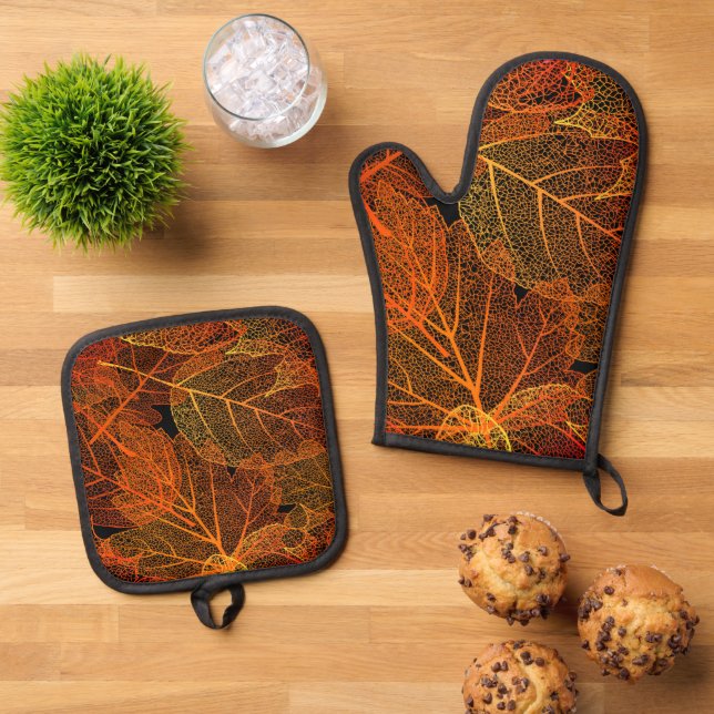 Autumn Leaves Texture Nature Artwork Design Oven Mitt & Pot Holder Set (Top Down)